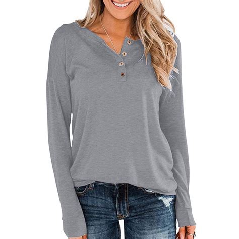 LSOLMD Womens Henley Tops Long Sleeve Cotton Shirts Thermal Pullover ...