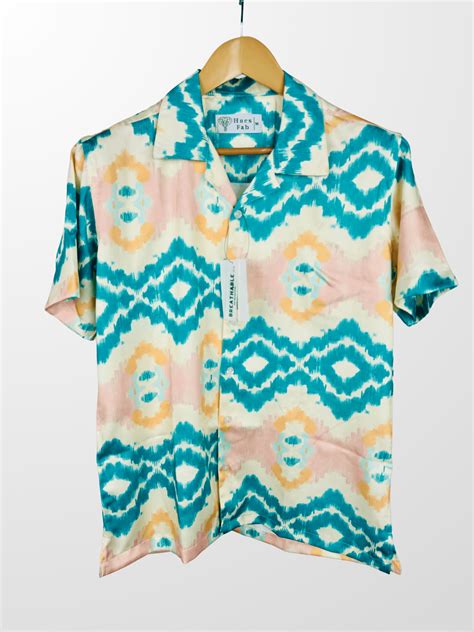 Cream-Blue Ikat Cuban Collar Resort Shirt