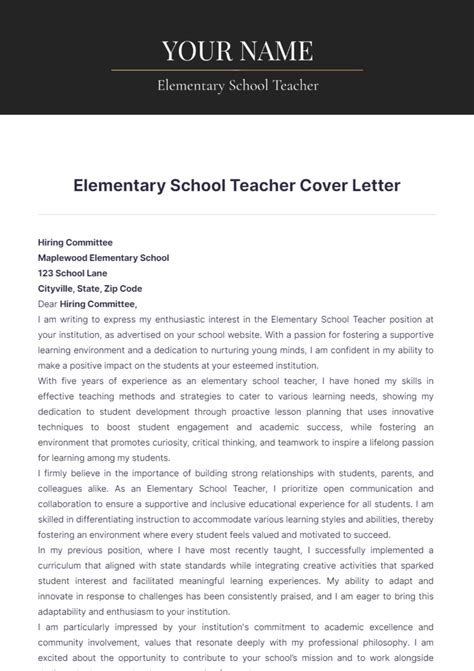 Free Elementary School Teacher Cover Letter Template to Edit Online