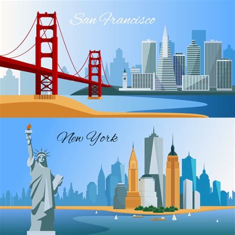 Usa horizontal flat banners with san francisco and new yourk cityscapes ...