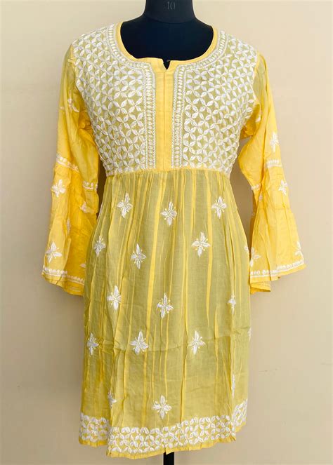 Lucknowi Chikankari Short Kurti Yellow Modal Cotton – Chikirpolo
