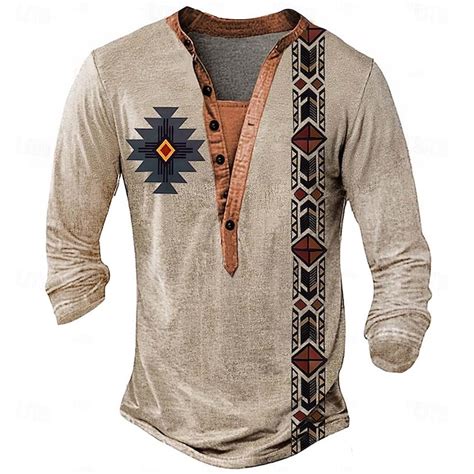 Men's Geometric Print T Shirt Henley Shirt Long Sleeve Designer Retro ...