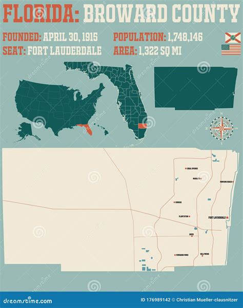 Map of Broward County in Florida Stock Vector - Illustration of lakes ...