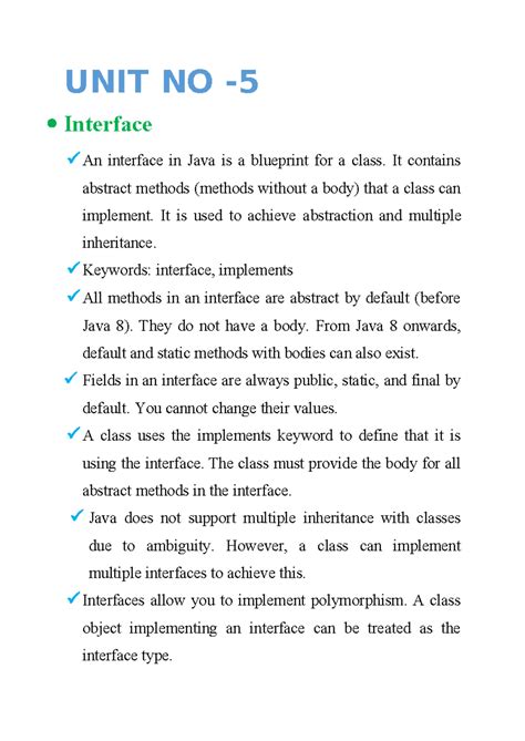 UNIT NO 4 - Java Interface and Inheritance Concepts Explained - Studocu