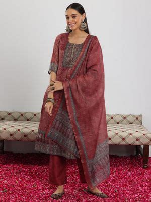 Buy Libas Maroon Silk Blend Printed Kurta Sets for Women Online