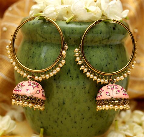 Alia Bhatt Inspired Peach Colored Hand Crafted Meenakari Hoop Earring ...