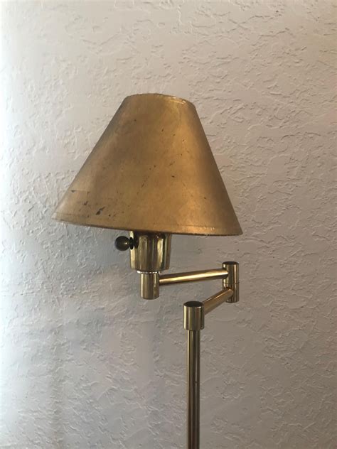Vintage Polished Brass Swing-Arm Floor Lamp with Gold Leaf Paper Shade ...