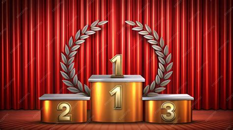 Podium for first second third place with laurel number and text Gold ...