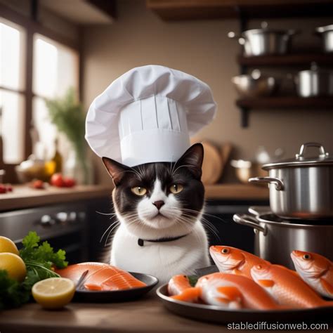 Cat Chef Cooking Fish Dish | Stable Diffusion Online