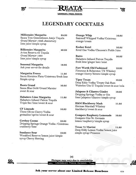 Reata Restaurant menu in Alpine, Texas, USA