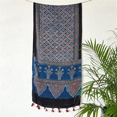 Modal Silk Ajrak Blue With Black And Border Design Stole – Sanskruti