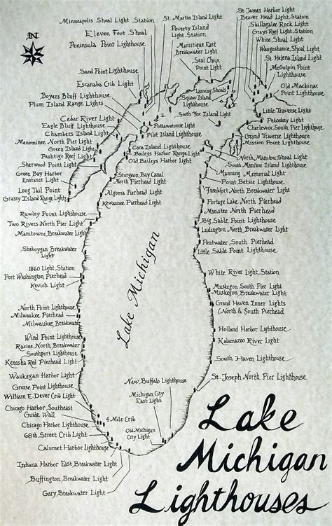 Lake Michigan Lighthouses Map - Etsy | Michigan lighthouse map, Lake ...