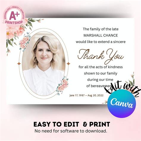 Funeral Thank You Card Template, Obituary Thank You Card, Sympathy Card ...