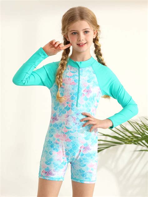 Esho Girls Long Sleeve Rashguard One-Piece Swimsuit, Little Girl Zipper ...