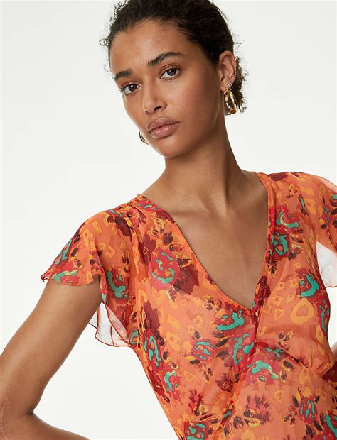 Buy Chiffon Printed V-Neck Midi Waisted Dress at Marks & Spencer