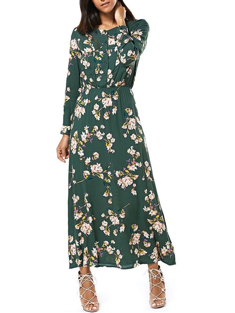 [23% OFF] Long Sleeve Buttoned Floral Print Women's Maxi Dress | Rosegal