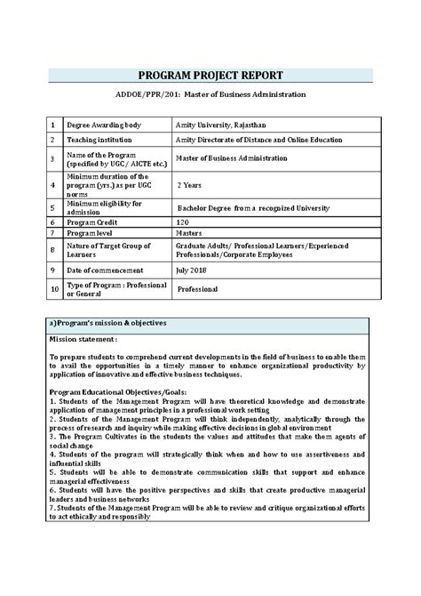 Master of business administration (mba) - PROGRAM PROJECT REPORT ADDOE ...
