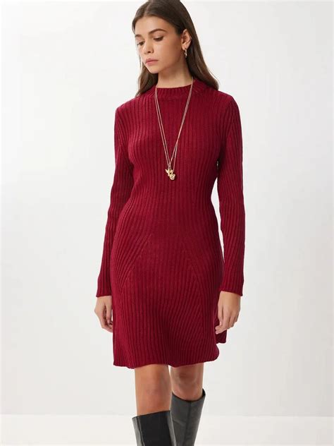 Happiness İstanbul Burgundy Red ISTANBUL Ribbed A-Line Knit Mini Dress ...