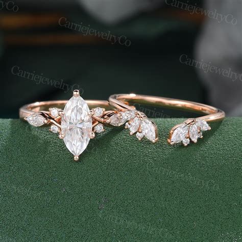 Marquise Cut Moissanite Engagement Ring Set Vintage Rose Gold Marquise ...