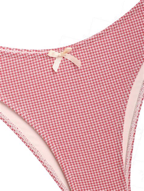 Seamolly Gingham Spliced Ruched Ruffles Bowknot Decor Cheeky Tankini S