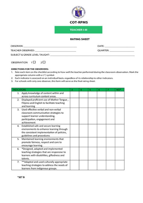 COT Rating Sheet for Proficient Teachers 2021 2022 - INDICATORS 3 4 5 6 ...