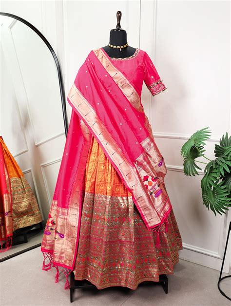 Mesmerizing Orange Paithani Lehenga Choli Handcrafted Elegan