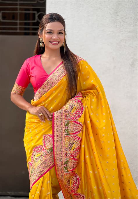 Mustard Pashmina Darbari Silk Zari Woven Saree – Elite Weaves