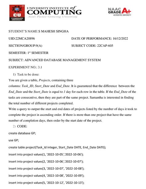 Adbms 3.1 20936 - ji keep it - STUDENT’S NAME:S MAHESH SINGHA UID ...