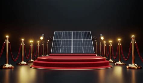 A stage with a red carpet and a red carpet with a solar panel on it ...