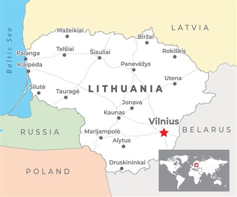 Lithuania political map with capital Vilnius, most important cities and national borders ...