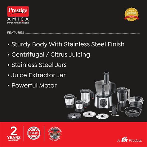 Prestige Amica Super Mixer Grinder 1000 Watt With 5 Jars & Multiple Ac ...