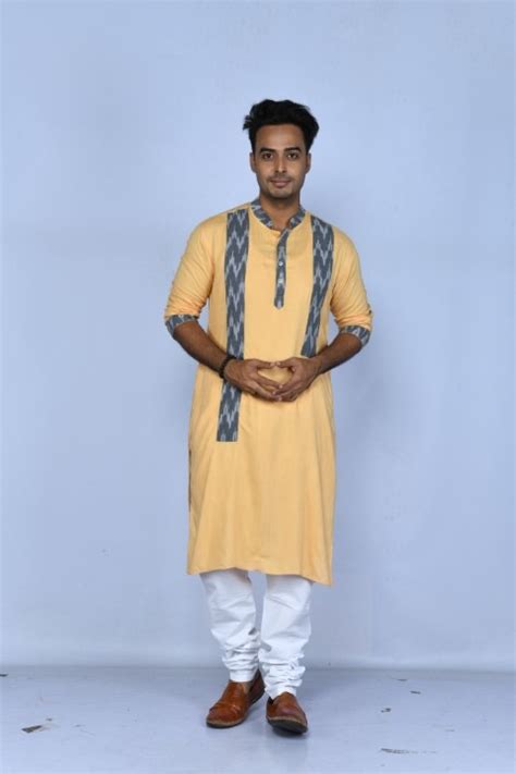 Beige soft cotton kurta with grey ikkat