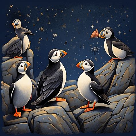 Whimsical Puffin Birds Nighttime Free Stock Photo - Public Domain Pictures