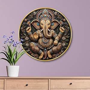 SAF Majestic Lord Ganesha Round Wall Art | 3D Embossed MDF Panel with ...