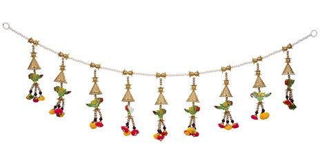 Evisha Golden Pearl Wooden Parrot Pom Pom Door Hanging Toran Bandhanwar ...