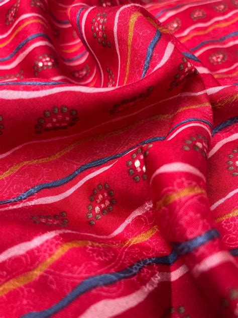 (Pre Cut-2 Meter) Modal Chanderi Red Color Strips Pattern Screen Print ...