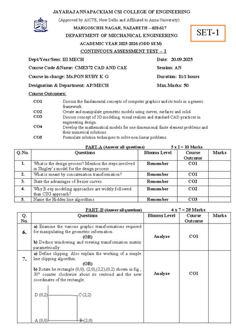 CME372 CAD & CAE Continuous Assessment Test I - Set 1 - Studocu