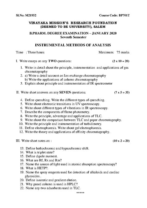 Instrumental Methods OF Analysis - Sl: M21952 Course Code: BP701T ...