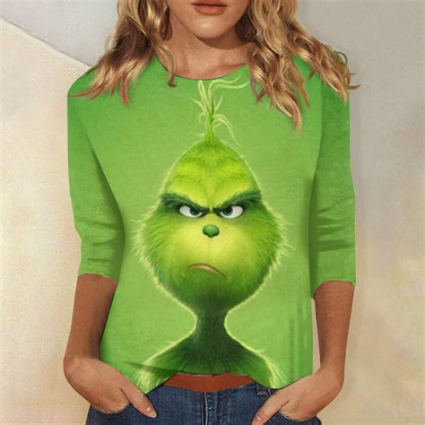 Grinch T-Shirt Women's Round Neck 3/4 Sleeve Autumn Winter Grinch ...