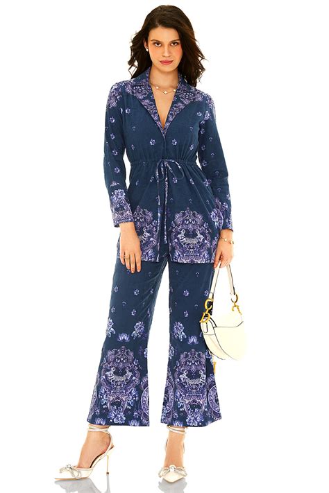 Navy Paisley Co-Ord Set | Belted Blazer & Flared Pants – Pretty Pixie