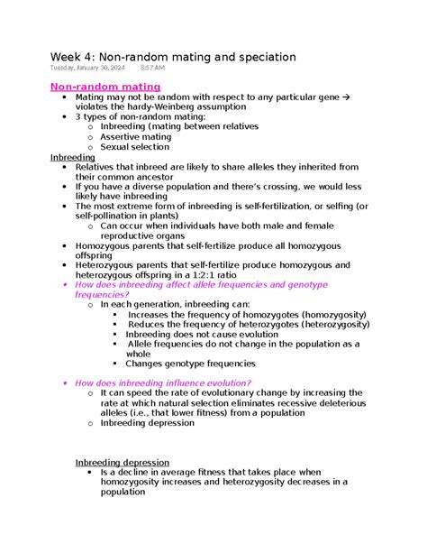Week 4-non random mating - Week 4: Non-random mating and speciation ...