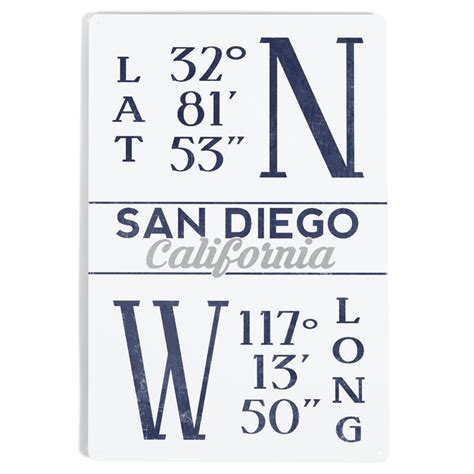 San Diego, California, Latitude and Longitude (Blue) (12x18 Aluminum ...