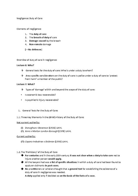 Duty of Care - Negligence: Duty of Care Elements of negligence: The duty of care The breach of ...