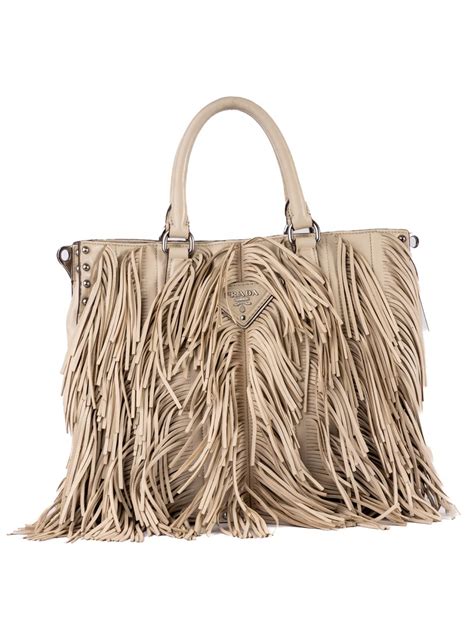 Shop Pre Owned Luxury Prada Beige Nappa Leather Small Fringe Tote Bag ...