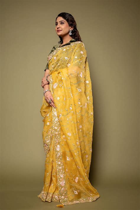 Yellow Organza resham border jaal handwork saree