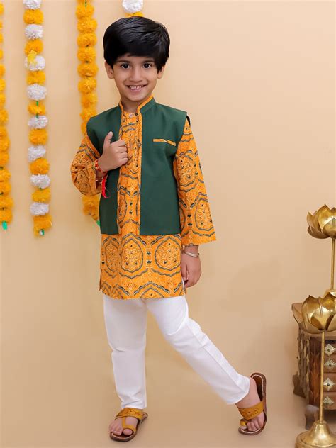 Marigold Mosaic Boys Floral Print Jacket And Kurta Pajama Set - KES ...