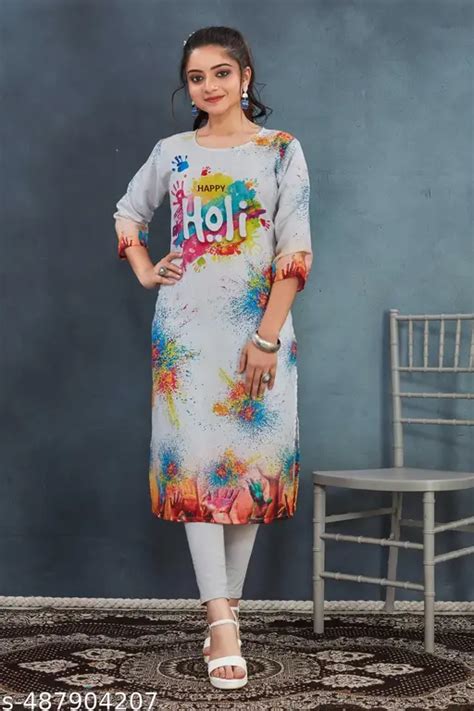 Holi Special Women Solid Cotton Blend Printed Straight Kurta Multicolor