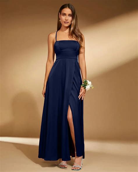 Spaghetti Strap Square Neck A-Line Slit Maxi Dress in Navy Blue ...