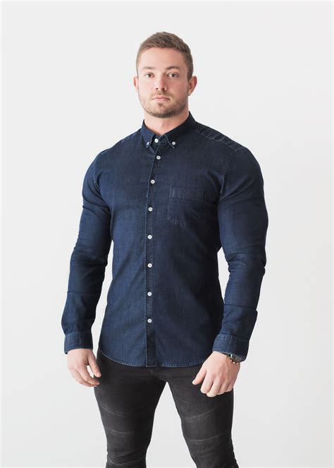 Navy Denim Tapered Fit Shirt | Athletic fit shirts, Bodybuilding shirt ...