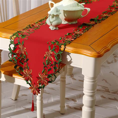 Tatuo Christmas Embroidered Table Runner Xmas Flower Red Cover ...